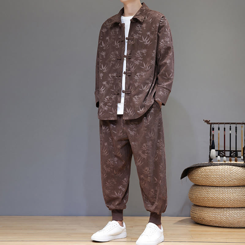 Nimara Ritual 2Pcs Winter Thick Bamboo Men's Tang Suit Frog-Button Cotton Corduroy Long Sleeve Jacket Pants Set With Pockets