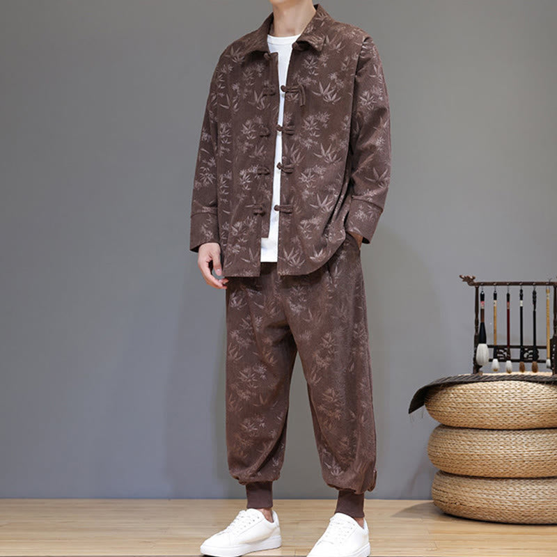 Nimara Ritual 2Pcs Winter Thick Bamboo Men's Tang Suit Frog-Button Cotton Corduroy Long Sleeve Jacket Pants Set With Pockets