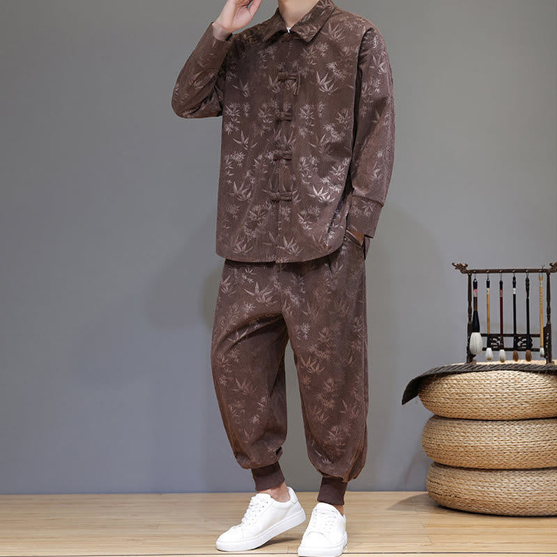Nimara Ritual 2Pcs Winter Thick Bamboo Men's Tang Suit Frog-Button Cotton Corduroy Long Sleeve Jacket Pants Set With Pockets