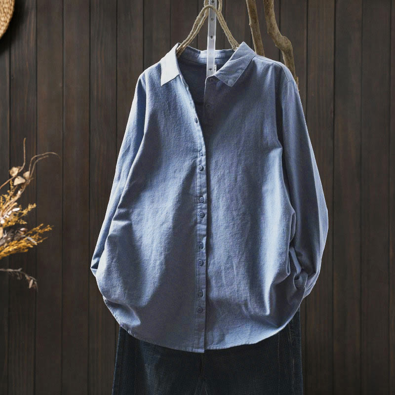 Nimara Ritual Fall Solid Color Button Down Stand Collar Long Sleeve Women's Cotton Shirt