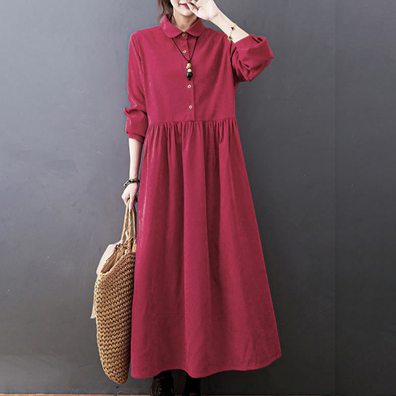 Nimara Ritual Fall Buttons Design Long Sleeve Cotton Corduroy Midi Dress With Pockets