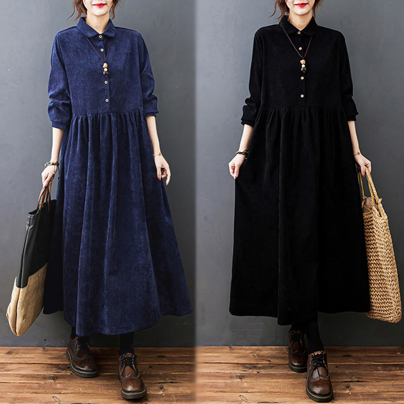 Nimara Ritual Fall Buttons Design Long Sleeve Cotton Corduroy Midi Dress With Pockets