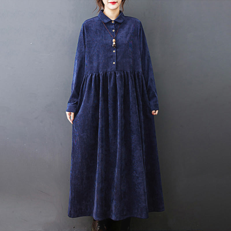 Nimara Ritual Fall Buttons Design Long Sleeve Cotton Corduroy Midi Dress With Pockets