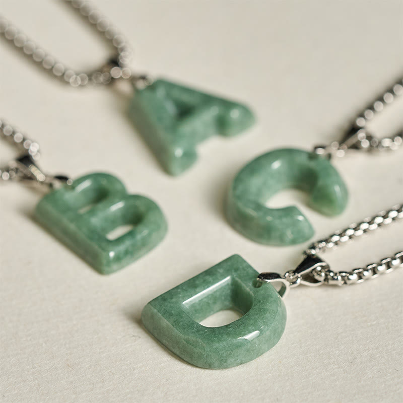 Nimara Ritual Natural A-Z Letter Jade Titanium Steel Wide Chain Prosperity Necklace Pendant