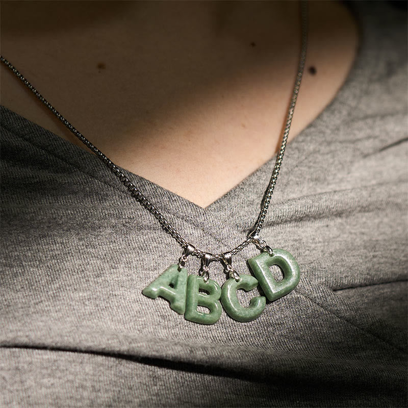 Nimara Ritual Natural A-Z Letter Jade Titanium Steel Wide Chain Prosperity Necklace Pendant
