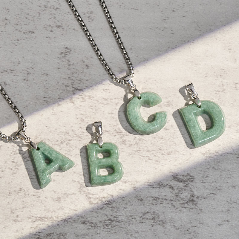 Nimara Ritual Natural A-Z Letter Jade Titanium Steel Wide Chain Prosperity Necklace Pendant
