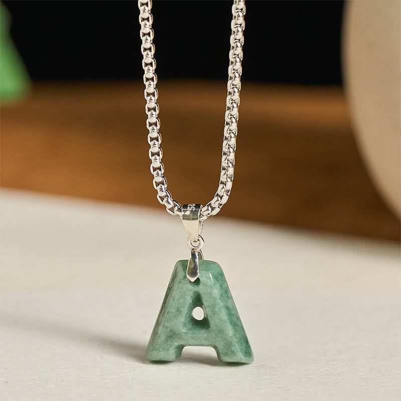 Nimara Ritual Natural A-Z Letter Jade Titanium Steel Wide Chain Prosperity Necklace Pendant