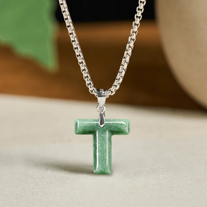 Nimara Ritual Natural A-Z Letter Jade Titanium Steel Wide Chain Prosperity Necklace Pendant