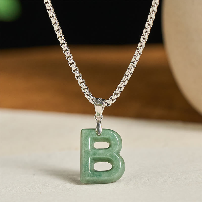 Nimara Ritual Natural A-Z Letter Jade Titanium Steel Wide Chain Prosperity Necklace Pendant