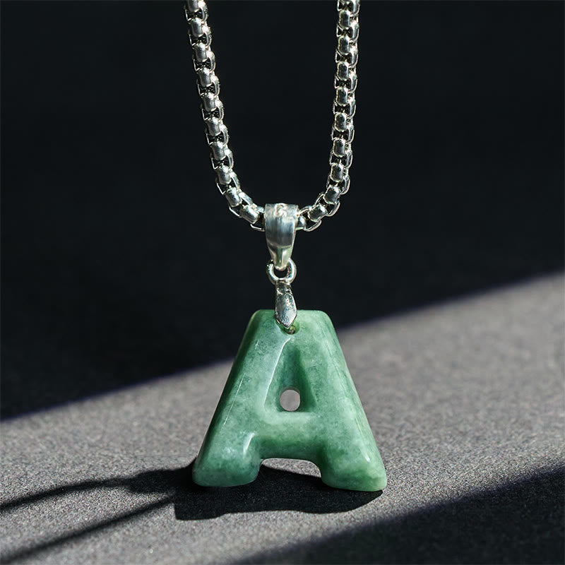 Nimara Ritual Natural A-Z Letter Jade Titanium Steel Wide Chain Prosperity Necklace Pendant