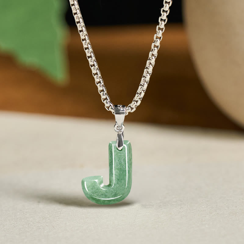 Nimara Ritual Natural A-Z Letter Jade Titanium Steel Wide Chain Prosperity Necklace Pendant