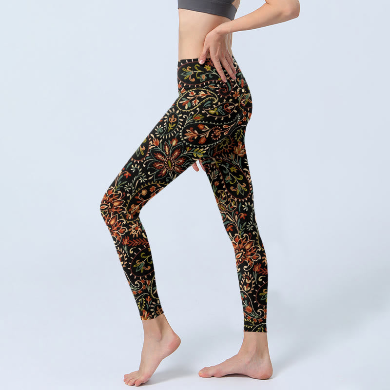 Nimara Ritual Intricate Flower Leaf Pattern Print Gym Leggings Women's Yoga Pants