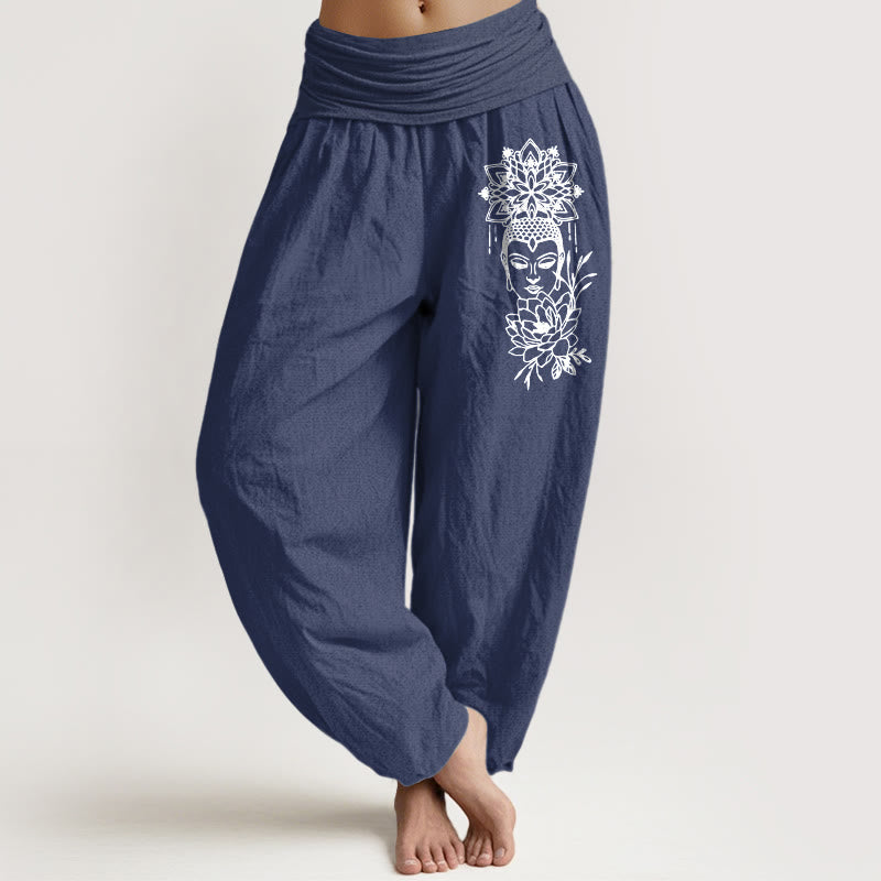 Nimara Ritual Pure Cotton Simple Buddha Image Lotus Pattern Women's Elastic Waist Harem Pants