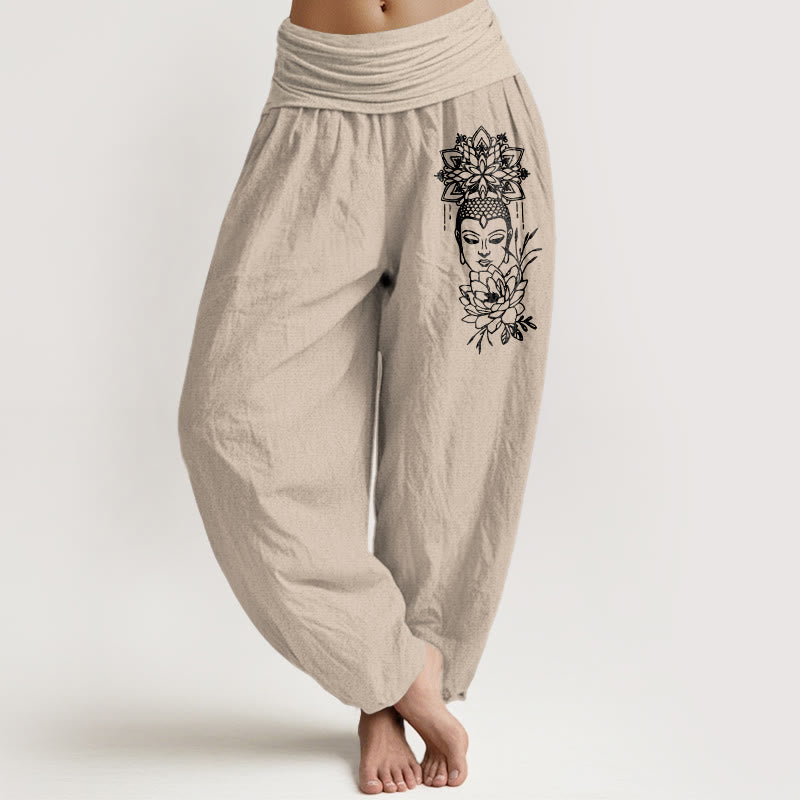 Nimara Ritual Pure Cotton Simple Buddha Image Lotus Pattern Women's Elastic Waist Harem Pants