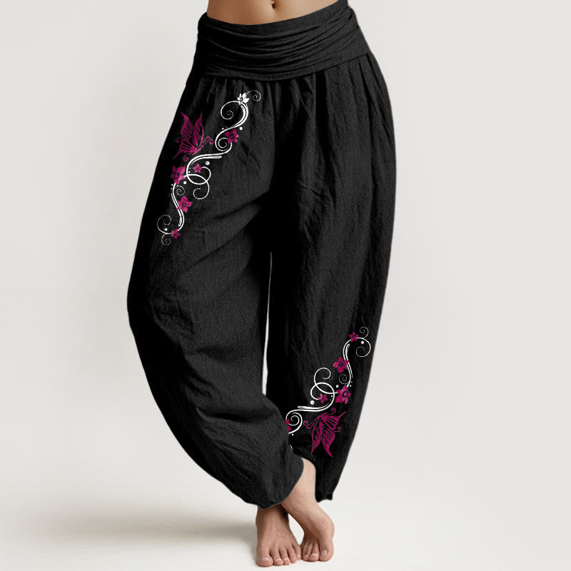 Nimara Ritual Pure Cotton Softly Colored Butterfly Flower Vine Pattern Women's Elastic Waist Harem Pants