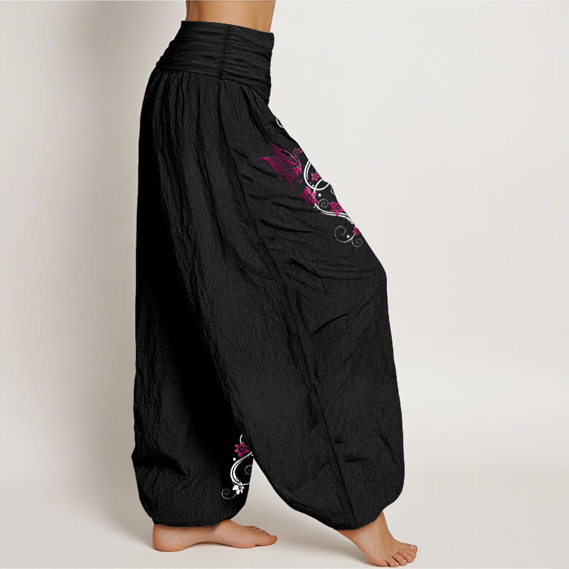 Nimara Ritual Pure Cotton Softly Colored Butterfly Flower Vine Pattern Women's Elastic Waist Harem Pants