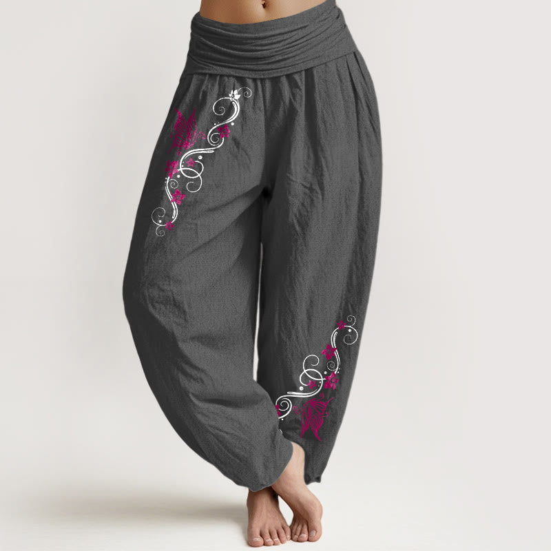 Nimara Ritual Pure Cotton Softly Colored Butterfly Flower Vine Pattern Women's Elastic Waist Harem Pants