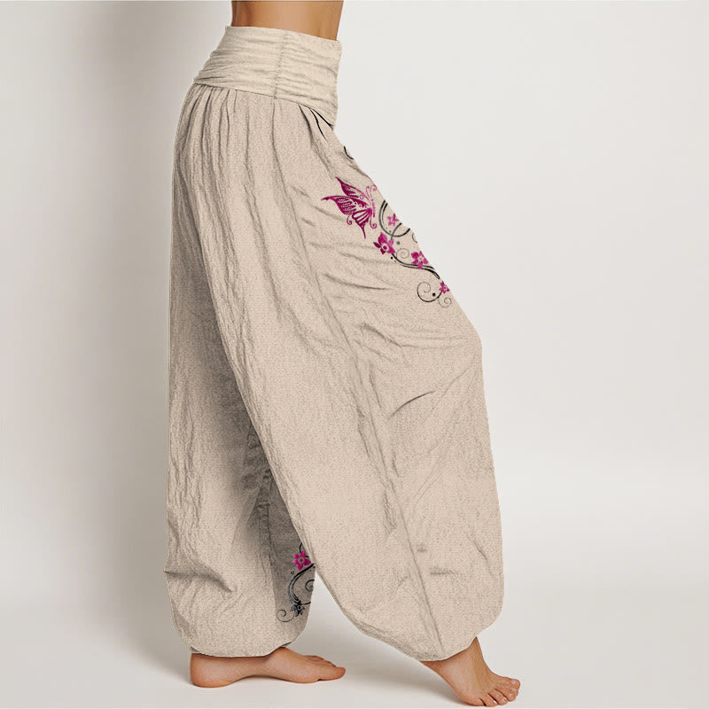Nimara Ritual Pure Cotton Softly Colored Butterfly Flower Vine Pattern Women's Elastic Waist Harem Pants