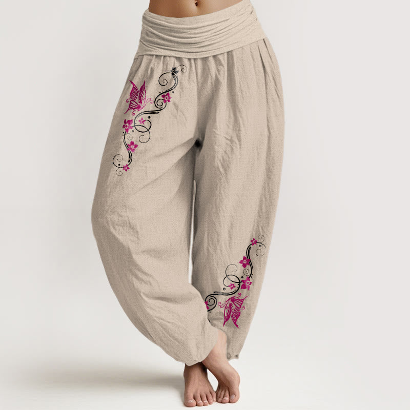 Nimara Ritual Pure Cotton Softly Colored Butterfly Flower Vine Pattern Women's Elastic Waist Harem Pants