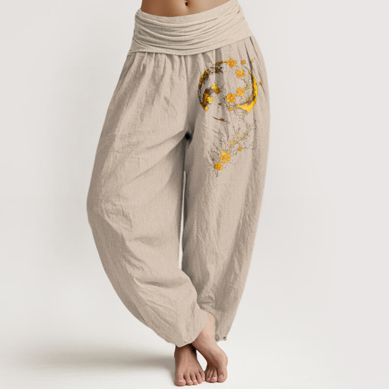 Nimara Ritual Pure Cotton Brightly Colored Moon Flower Vine Pattern Women's Elastic Waist Harem Pants