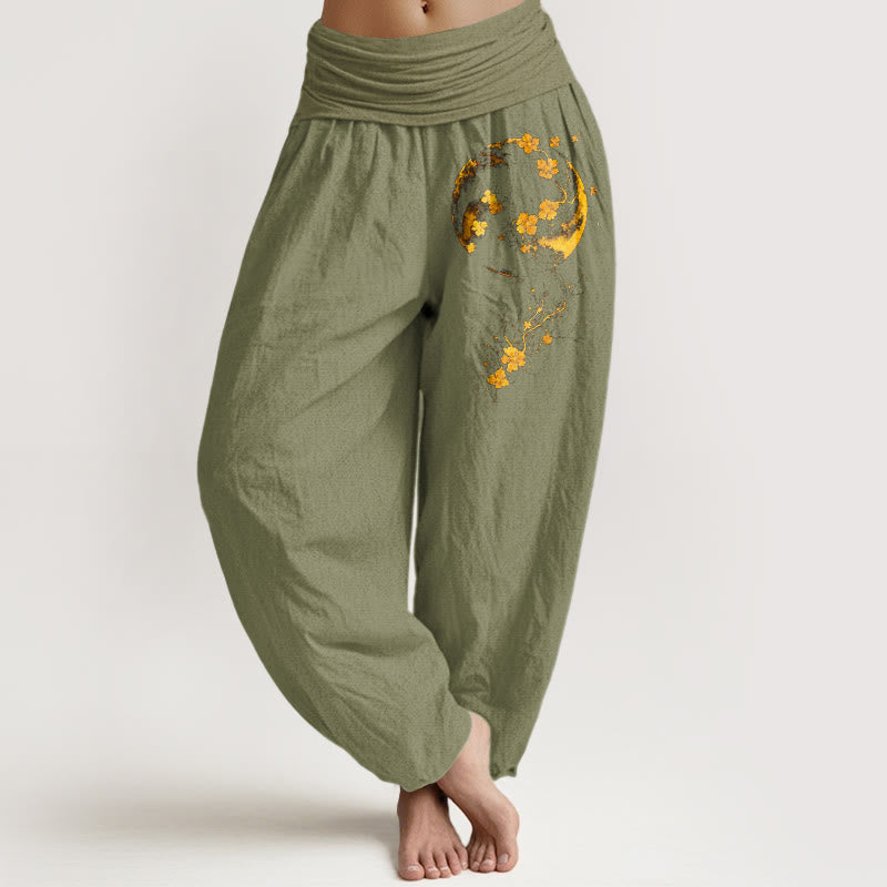 Nimara Ritual Pure Cotton Brightly Colored Moon Flower Vine Pattern Women's Elastic Waist Harem Pants