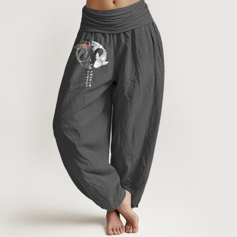 Nimara Ritual Pure Cotton Koi Fish Pattern Women's Elastic Waist Harem Pants