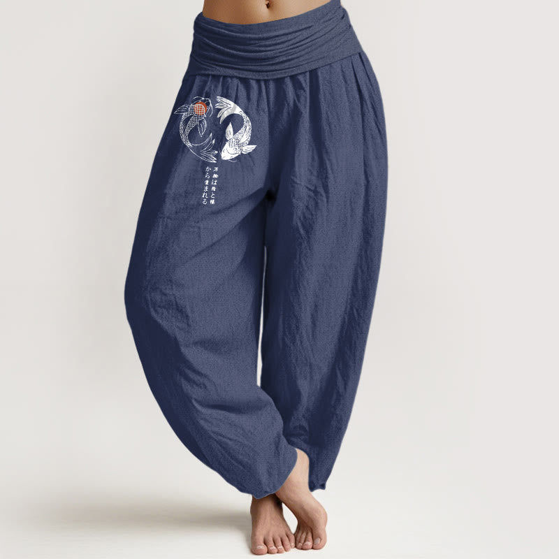 Nimara Ritual Pure Cotton Koi Fish Pattern Women's Elastic Waist Harem Pants
