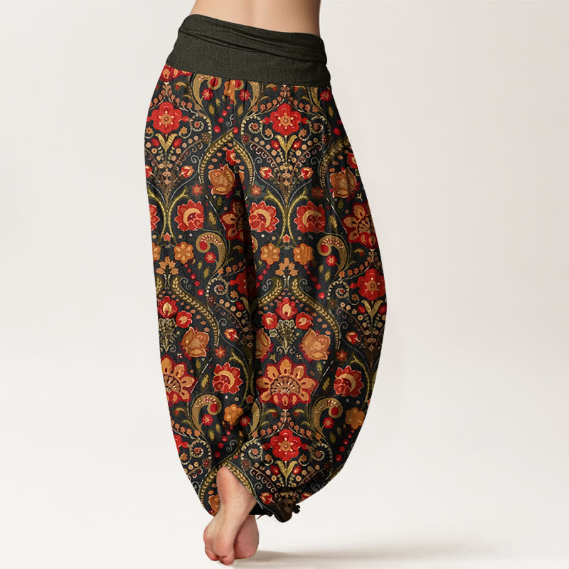 Nimara Ritual Cotton Colorful Flower Leaf Scroll Pattern Women's Elastic Waist Harem Pants