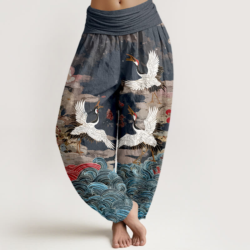 Nimara Ritual Cotton Classic Crane Waves Cloud Pattern Women's Elastic Waist Harem Pants