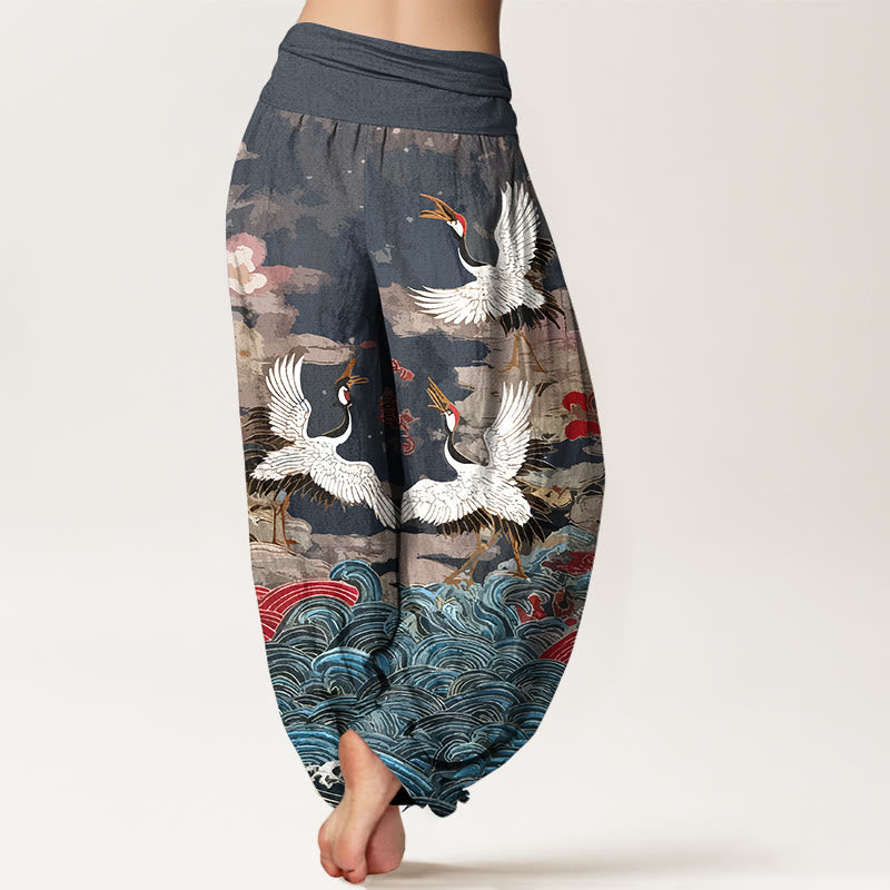 Nimara Ritual Cotton Classic Crane Waves Cloud Pattern Women's Elastic Waist Harem Pants