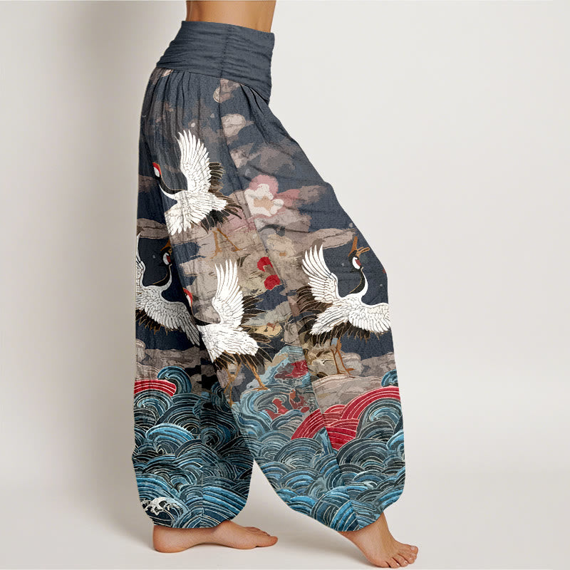 Nimara Ritual Cotton Classic Crane Waves Cloud Pattern Women's Elastic Waist Harem Pants