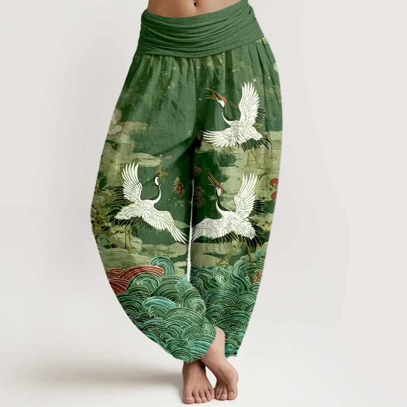 Nimara Ritual Cotton Classic Crane Waves Cloud Pattern Women's Elastic Waist Harem Pants