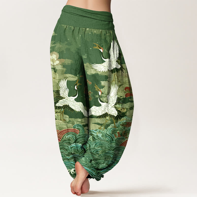 Nimara Ritual Cotton Classic Crane Waves Cloud Pattern Women's Elastic Waist Harem Pants