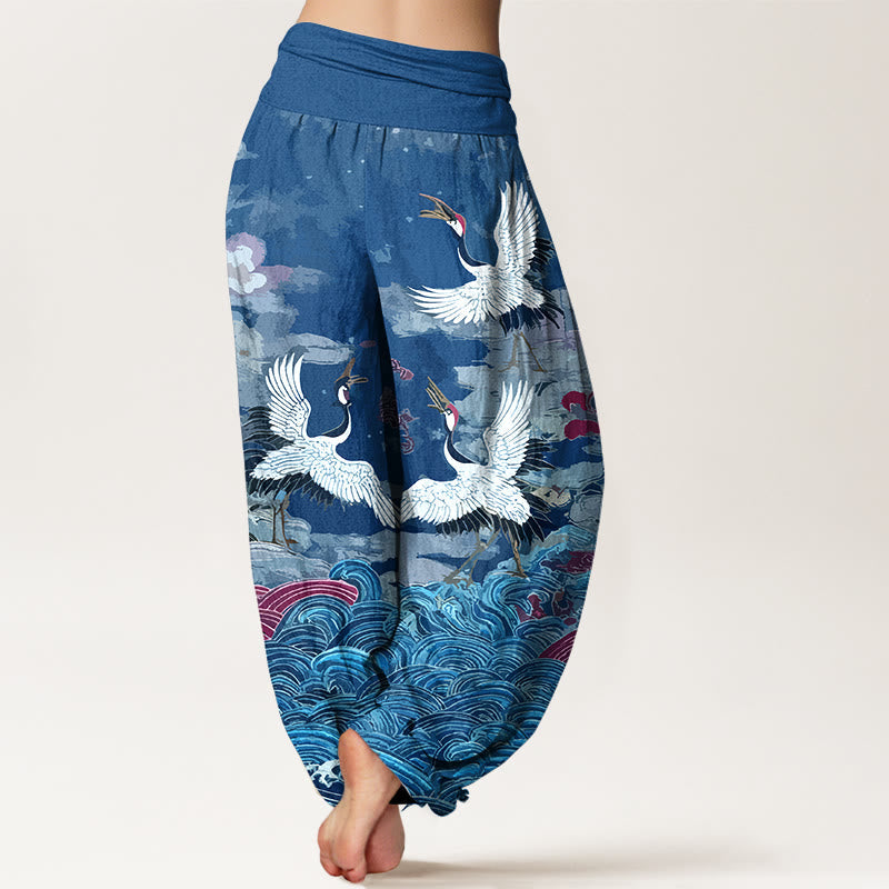 Nimara Ritual Cotton Classic Crane Waves Cloud Pattern Women's Elastic Waist Harem Pants