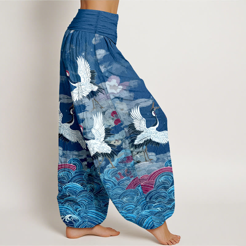 Nimara Ritual Cotton Classic Crane Waves Cloud Pattern Women's Elastic Waist Harem Pants