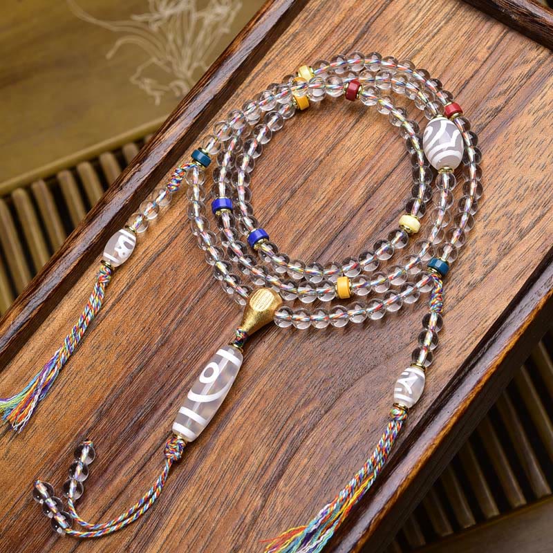 Nimara Ritual 108 Beads Liuli Crystal Dzi Bead Agate Blessings Tassel Mala