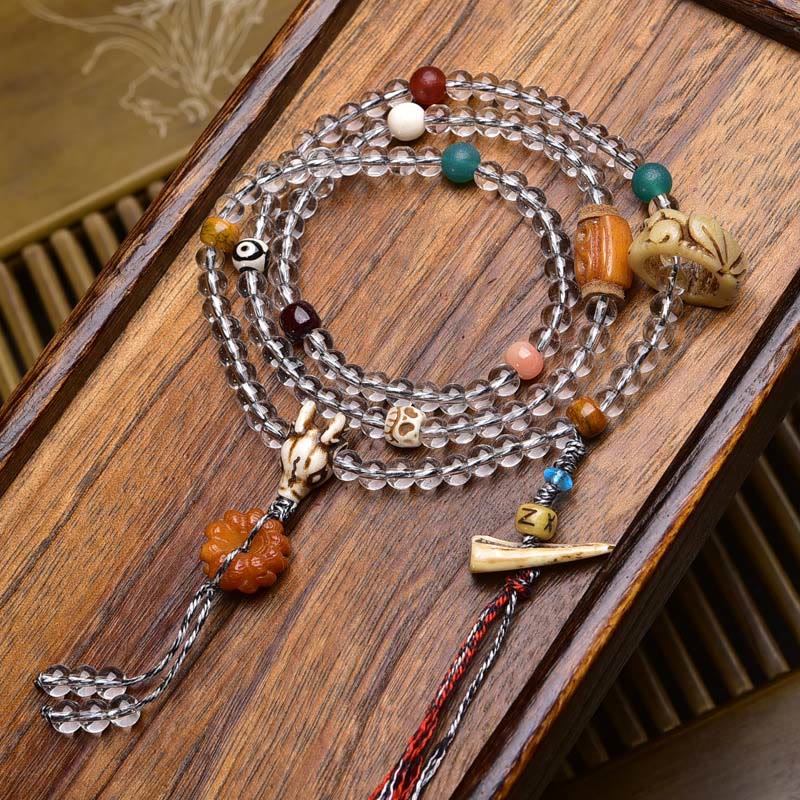 Nimara Ritual 108 Beads Liuli Crystal Dzi Bead Agate Blessings Tassel Mala