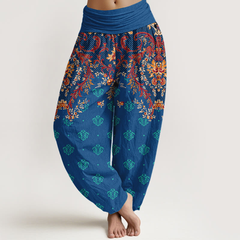 Nimara Ritual Cotton Symmetrical Leaf Scroll Pattern Women's Elastic Waist Harem Pants