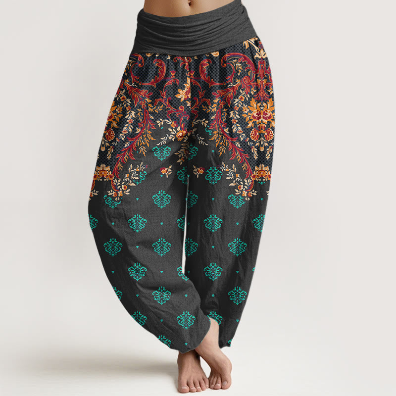 Nimara Ritual Cotton Symmetrical Leaf Scroll Pattern Women's Elastic Waist Harem Pants