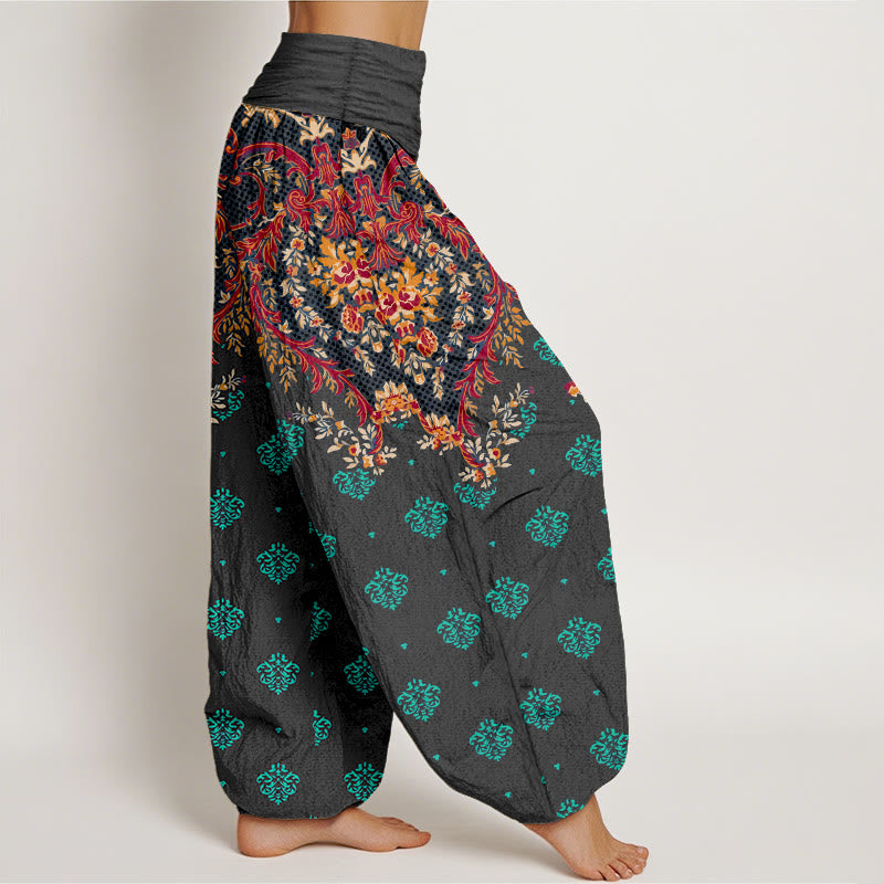 Nimara Ritual Cotton Symmetrical Leaf Scroll Pattern Women's Elastic Waist Harem Pants