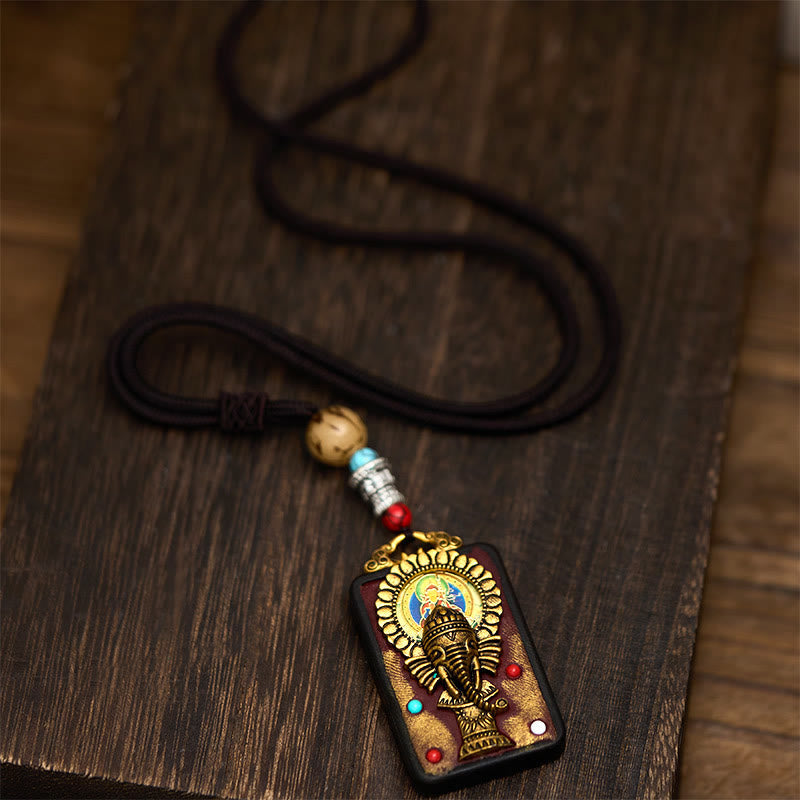 Nimara Ritual Tibetan Ganesh Ganpati Elephant Ebony Wood Rope Peace Necklace Pendant
