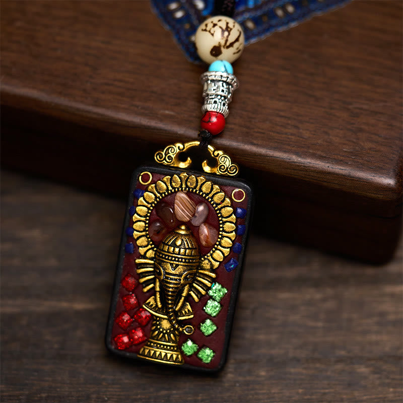 Nimara Ritual Tibetan Ganesh Ganpati Elephant Ebony Wood Rope Peace Necklace Pendant