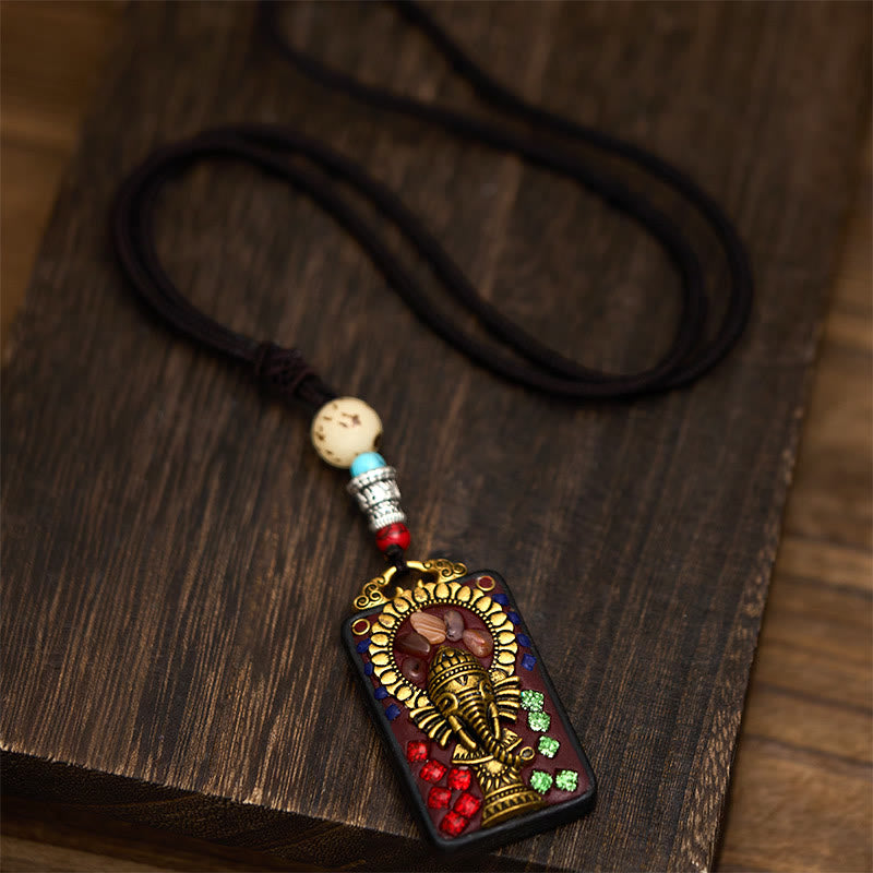 Nimara Ritual Tibetan Ganesh Ganpati Elephant Ebony Wood Rope Peace Necklace Pendant
