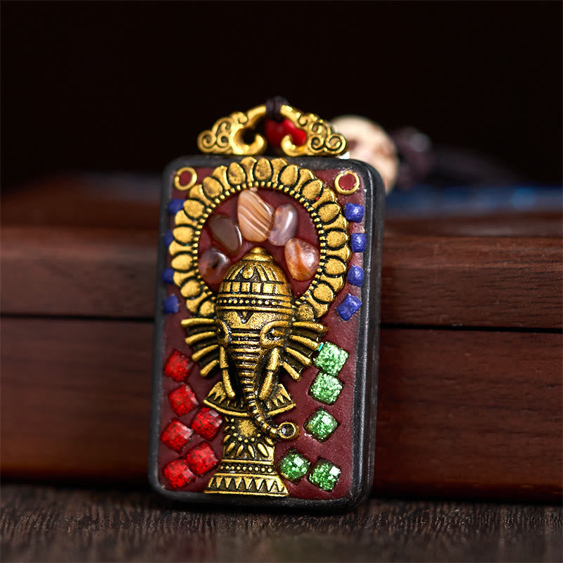Nimara Ritual Tibetan Ganesh Ganpati Elephant Ebony Wood Rope Peace Necklace Pendant