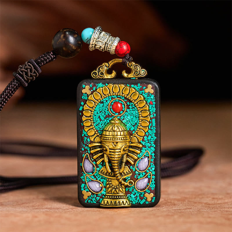 Nimara Ritual Tibetan Ganesh Ganpati Elephant Ebony Wood Rope Peace Necklace Pendant