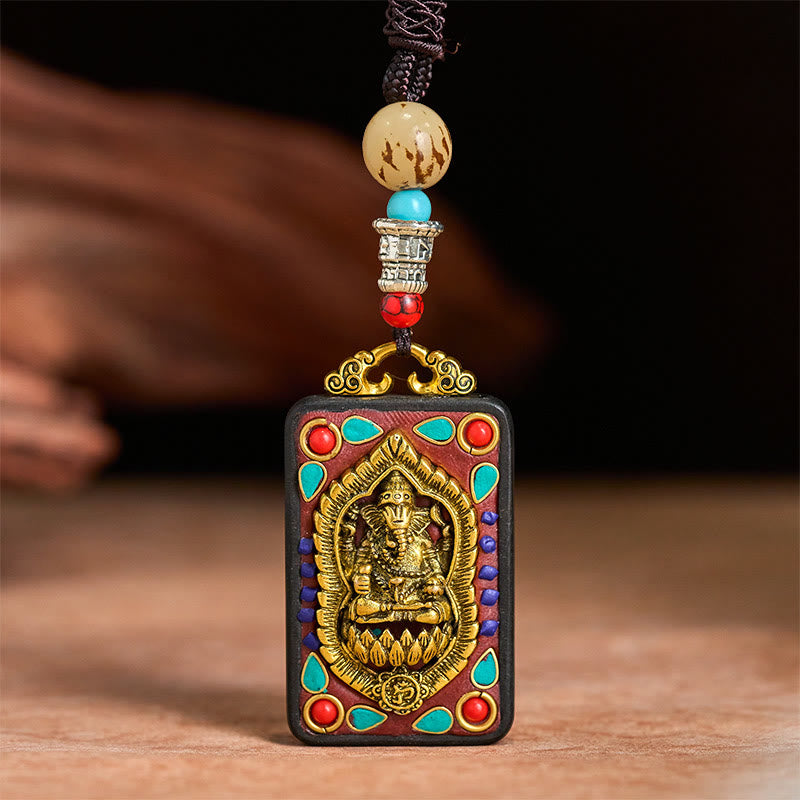 Nimara Ritual Tibetan Ganesh Ganpati Elephant Ebony Wood Rope Peace Necklace Pendant