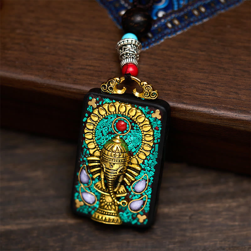 Nimara Ritual Tibetan Ganesh Ganpati Elephant Ebony Wood Rope Peace Necklace Pendant