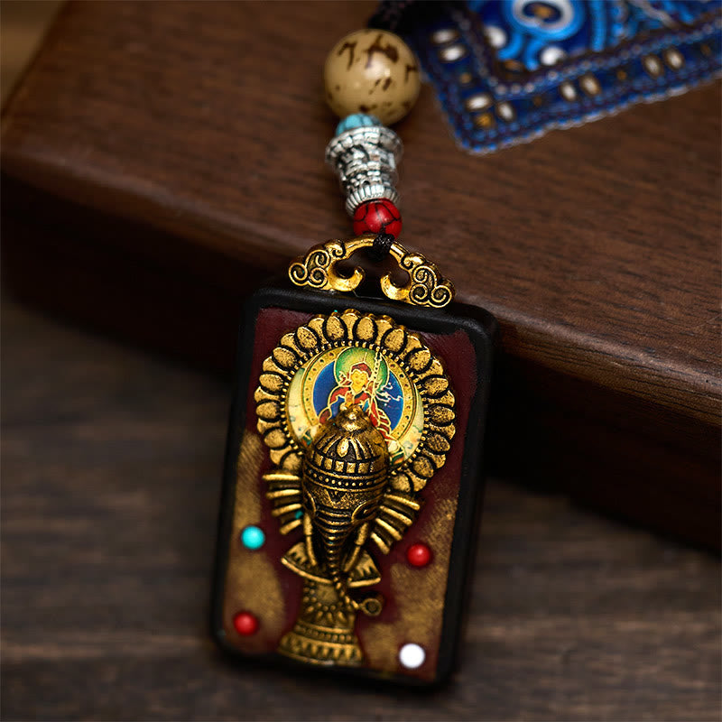 Nimara Ritual Tibetan Ganesh Ganpati Elephant Ebony Wood Rope Peace Necklace Pendant