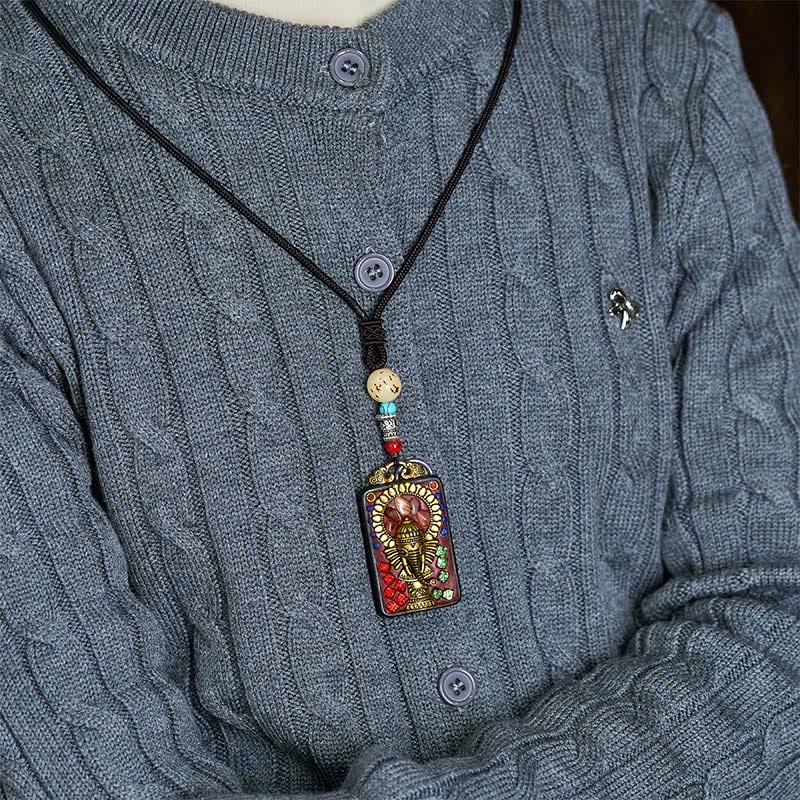 Nimara Ritual Tibetan Ganesh Ganpati Elephant Ebony Wood Rope Peace Necklace Pendant