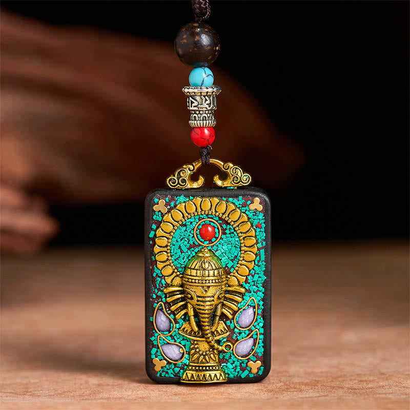 Nimara Ritual Tibetan Ganesh Ganpati Elephant Ebony Wood Rope Peace Necklace Pendant